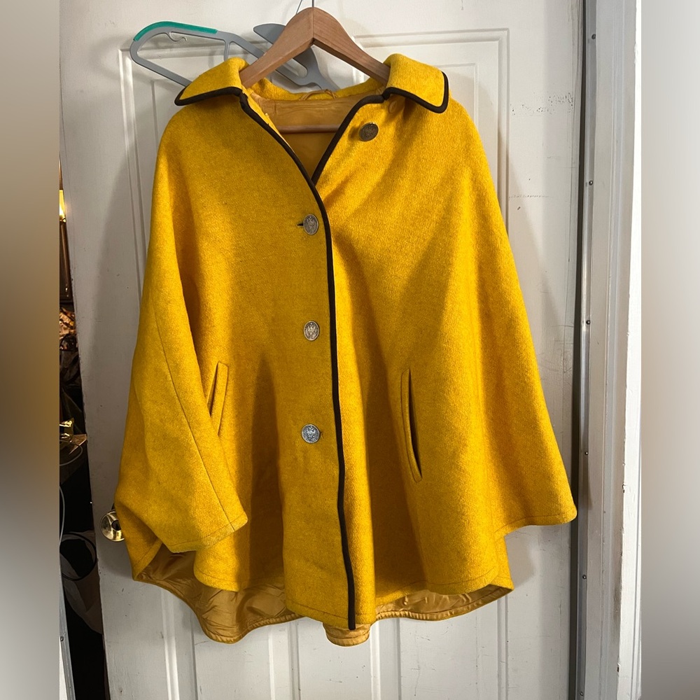Yellow Cape Coat with Black Trim